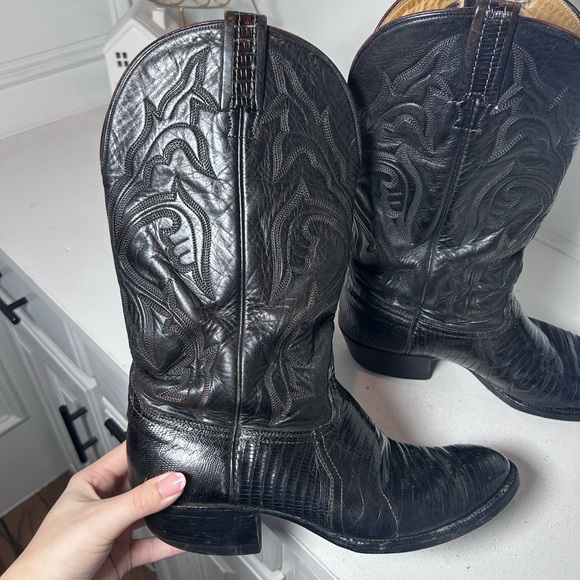 Vintage Hondo Lizard Cowboy Boots Men’s 8.5 Womens 10 Black Exotic Western - Picture 6 of 8